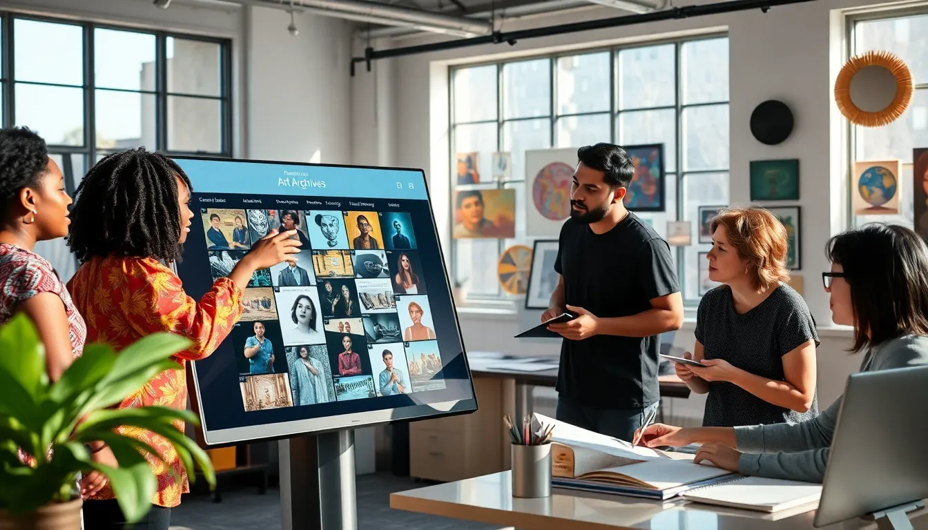 Artists collaborating and exploring the Redwebzine Arts Archives in a modern workspace.