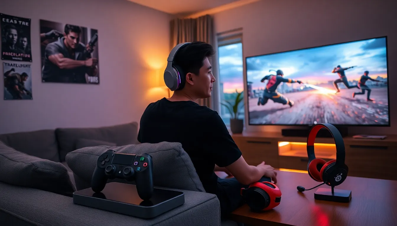 a gamer using a PlayStation headset in a cozy living room.