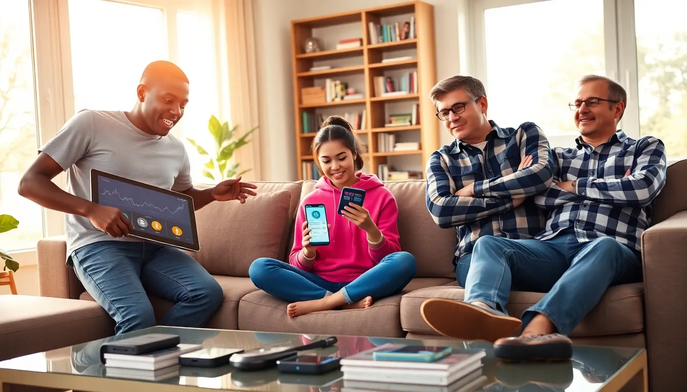 three individuals discussing cryptocurrency in a modern living room.